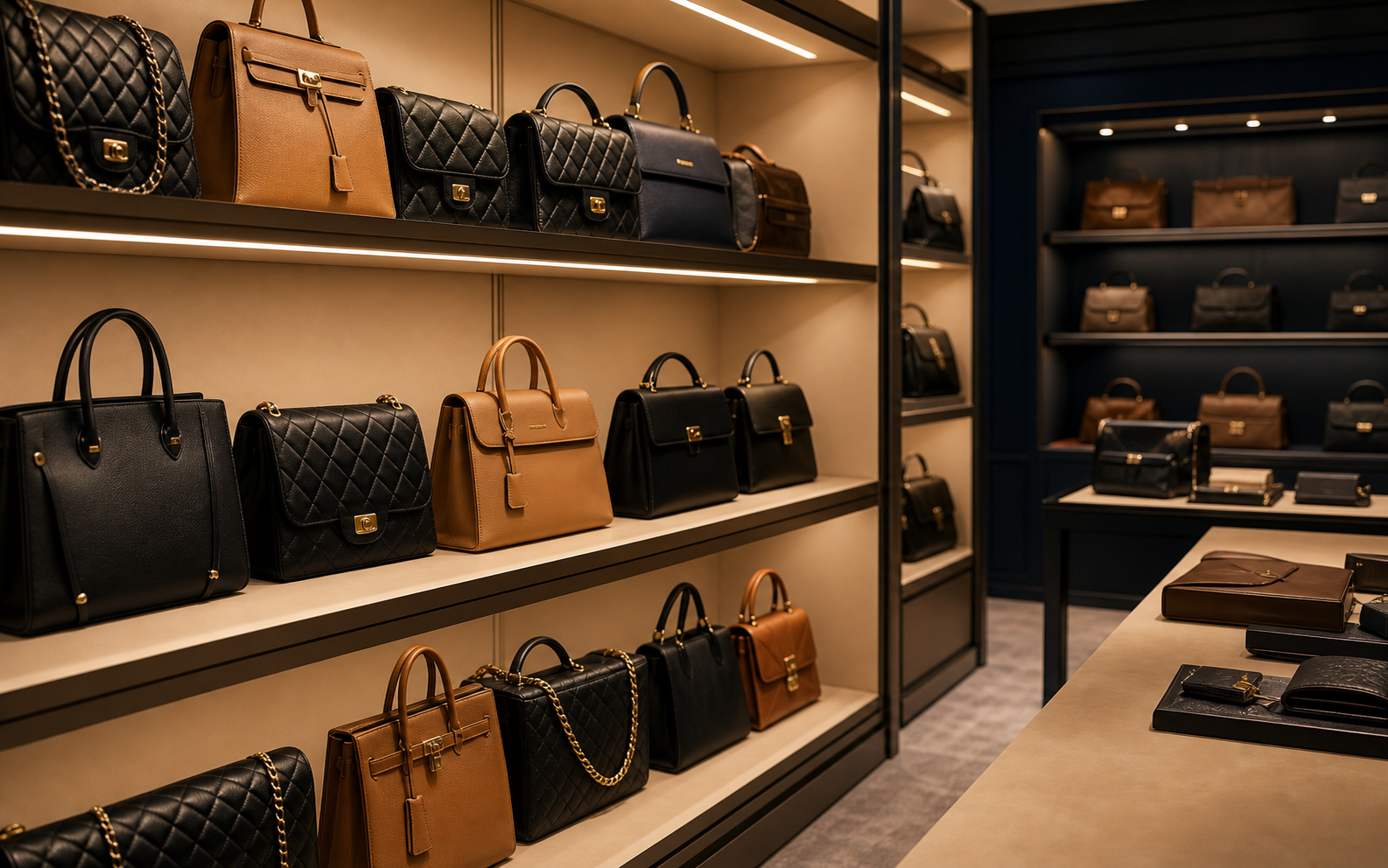 Checked pre-owned luxury handbags arranged on supplier inventory shelves